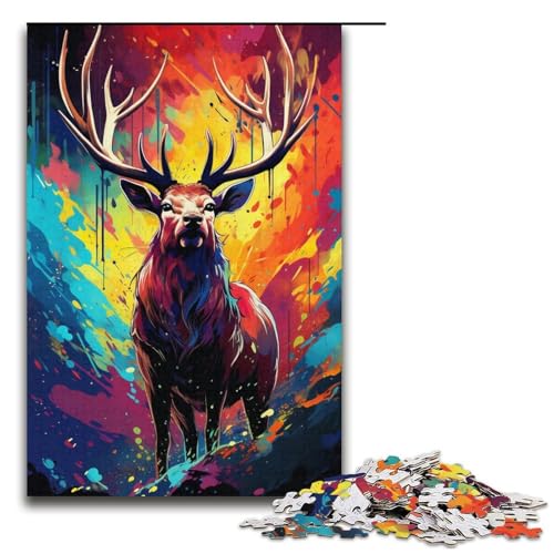 1000-teiliges Puzzle Farbgemälde eines Elchs Puzzle für Erwachsene Holzpuzzle anspruchsvolles Spiel 1000 Teile (38 x 26 cm) von mowenbingpeng