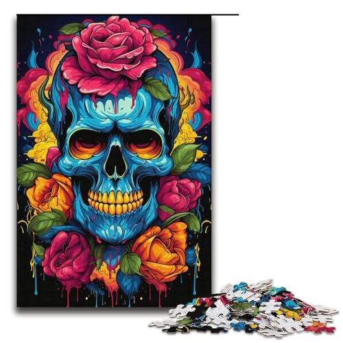 1000-teiliges Puzzle Farbiger Rosen-Totenkopf für Erwachsene Holzpuzzle anspruchsvolles Spiel 1000 Teile (38 x 26 cm) von mowenbingpeng