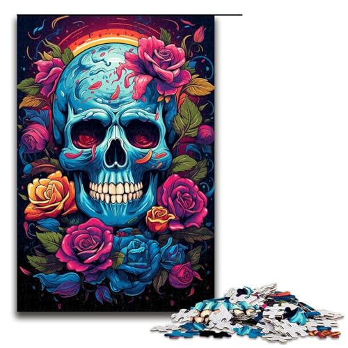1000-teiliges Puzzle Farbiger Rosenschädel Holzpuzzle Lernspiele Heimdekoration 1000 Teile (75 x 50 cm) von mowenbingpeng