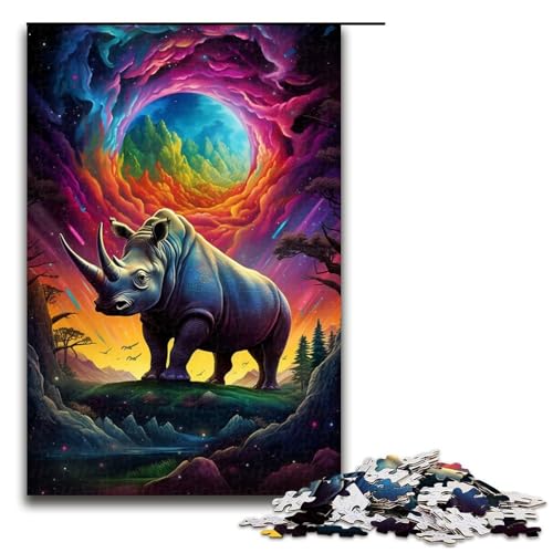 1000-teiliges Puzzle Farbiges Nashorn Holzpuzzle für Erwachsene und Kinder pädagogisches Spielzeug zum Stressabbau Puzzle 1000 Teile (75 x 50 cm) von mowenbingpeng