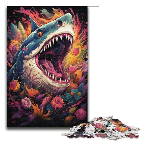 1000-teiliges Puzzle Farbmalerei Hai-Puzzle für Erwachsene Holzpuzzle anspruchsvolles Spiel 1000 Teile (38 x 26 cm) von mowenbingpeng