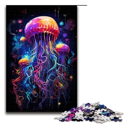1000-teiliges Puzzle Farbmalerei Quallen-Puzzle für Erwachsene Holzpuzzle anspruchsvolles Spiel 1000 Teile (75 x 50 cm) von mowenbingpeng