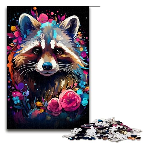 1000-teiliges Puzzle Farbmalerei Waschbär-Puzzle Holzpuzzle Lernspiele Heimdekoration 1000 Teile (75 x 50 cm) von mowenbingpeng