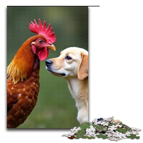 1000-teiliges Puzzle Hühner und Hunde kennen Sich Puzzle für Erwachsene Holzpuzzle anspruchsvolles Spiel 1000 Teile (75 x 50 cm) von mowenbingpeng