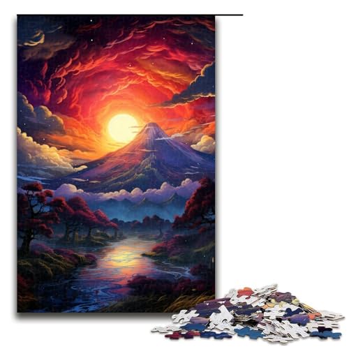 1000-teiliges Puzzle Lernspiele farbenfroher Psychedelischer Sonnenuntergang am Berg Fuji Puzzles für Erwachsene Holzpuzzle für Familienspaß und Spieleabend 1000 Teile (75 x 50 cm) von mowenbingpeng
