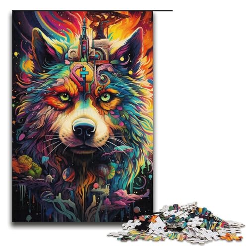 1000-teiliges Puzzle Lernspiele farbenfroher Psychedelischer böser Hund aus der Zukunft Puzzles für Erwachsene Holzpuzzle für Familienspaß und Spieleabend 1000 Teile (38 x 26 cm) von mowenbingpeng