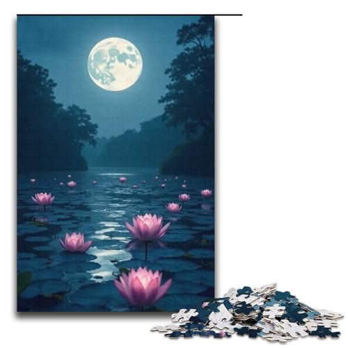 1000-teiliges Puzzle Mondlicht über dem Lotusteich Puzzle für Erwachsene Holzpuzzle Familienspiele 1000 Teile (38 x 26 cm) von mowenbingpeng