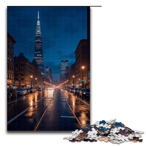 1000-teiliges Puzzle Stadtnachtszene Puzzle für Erwachsene und Kinder Holzpuzzle pädagogisches Spielzeug zum Stressabbau Puzzle 1000 Teile (75 x 50 cm) von mowenbingpeng