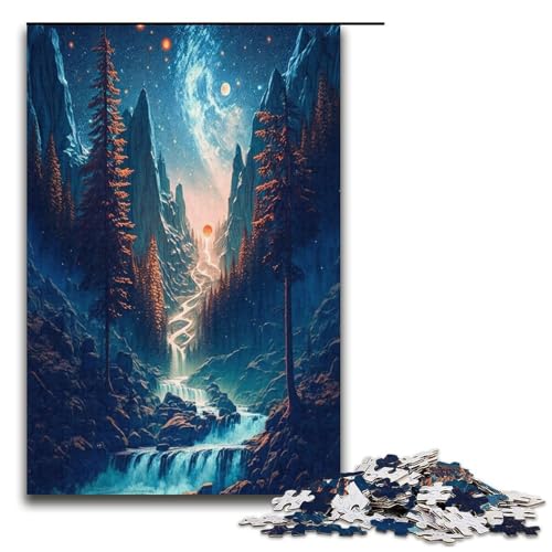 1000 teiliges Puzzle Wasserfälle unter dem Mond Holzpuzzle für Erwachsene und Kinder pädagogisches Spielzeug zum Stressabbau Puzzle 1000 Teile (38 x 26 cm) von mowenbingpeng