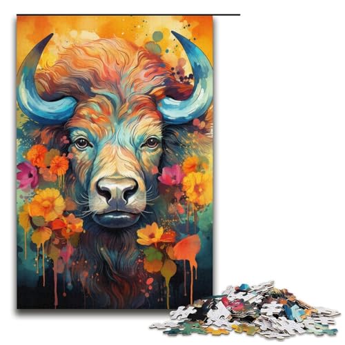 1000-teiliges Puzzle buntes psychedelisches Aquarell von Buffalo Puzzle für Erwachsene und Kinder Holzpuzzle pädagogisches Spielzeug zum Stressabbau Puzzle 1000 Teile (38 x 26 cm) von mowenbingpeng