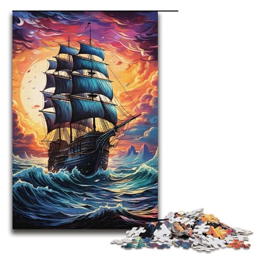 1000-teiliges Puzzle buntes psychedelisches Piratenschiff-Puzzle für Erwachsene Holzpuzzle anspruchsvolles Spiel 1000 Teile (38 x 26 cm) von mowenbingpeng