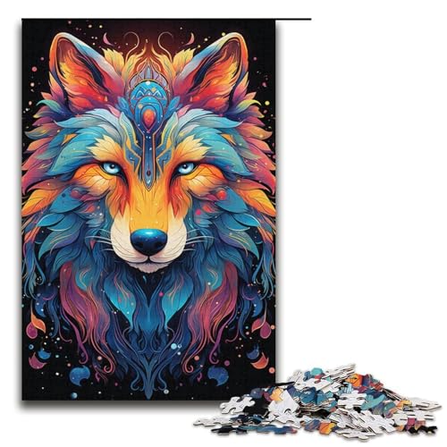 1000-teiliges Puzzle buntes psychedelisches Wölfe-Puzzle für Erwachsene Holzpuzzle anspruchsvolles Spiel 1000 Teile (38 x 26 cm) von mowenbingpeng