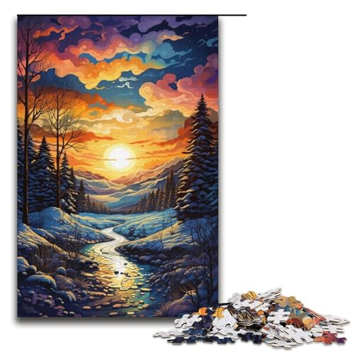 1000-teiliges Puzzle farbenfroh und psychedelisch Schneefall-Sonnenuntergang Holzpuzzle Lernspiele Heimdekoration 1000 Teile (38 x 26 cm) von mowenbingpeng
