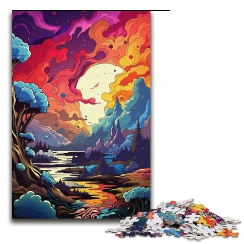 1000-teiliges Puzzle farbenfrohe psychedelische Landschaft für Erwachsene Holzpuzzle anspruchsvolles Spiel 1000 Teile (38 x 26 cm) von mowenbingpeng