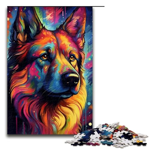 1000-teiliges Puzzle farbenfroher Psychedelischer Deutscher Schäferhund Puzzle für Erwachsene und Kinder Holzpuzzle pädagogisches Spielzeug zum Stressabbau Puzzle 1000 Teile (75 x 50 cm) von mowenbingpeng