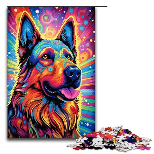 1000-teiliges Puzzle farbenfroher Psychedelischer Deutscher Schäferhund Puzzle für Erwachsene und Kinder Holzpuzzle pädagogisches Spielzeug zum Stressabbau Puzzle 1000 Teile (75 x 50 cm) von mowenbingpeng