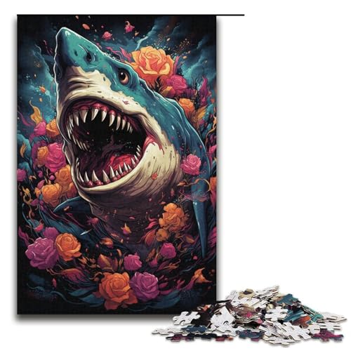 1000-teiliges Puzzle farbenfroher Psychedelischer Hai Puzzle für Erwachsene und Kinder Holzpuzzle pädagogisches Spielzeug zum Stressabbau Puzzle 1000 Teile (38 x 26 cm) von mowenbingpeng