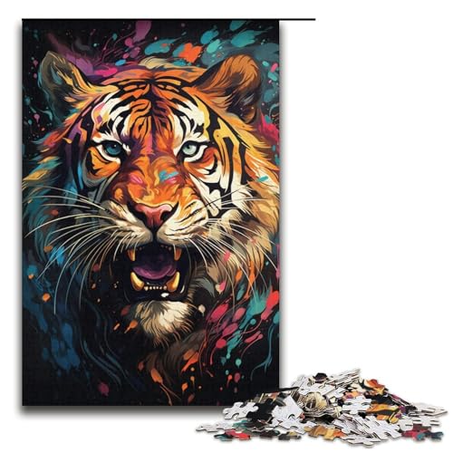 1000-teiliges Puzzle farbenfroher wütender Tiger für Erwachsene Holzpuzzle anspruchsvolles Spiel 1000 Teile (38 x 26 cm) von mowenbingpeng