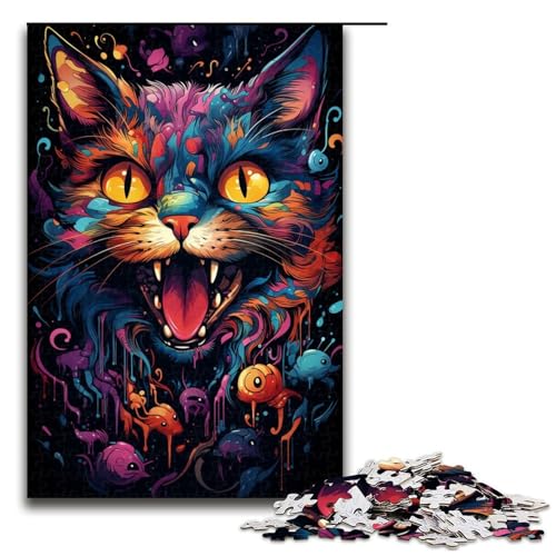 1000-teiliges Puzzle farbenfrohes bizarres psychedelisches Katzen-Puzzle für Erwachsene Holzpuzzle Familienspiel 1000 Teile (75 x 50 cm) von mowenbingpeng