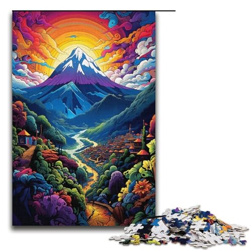 1000-teiliges Puzzle farbenfrohes psychedelisches Bergdorf Puzzle für Erwachsene und Kinder Holzpuzzle pädagogisches Spielzeug zum Stressabbau Puzzle 1000 Teile (38 x 26 cm) von mowenbingpeng