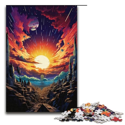 1000-teiliges Puzzle farbenfrohes psychedelisches Himmelsstadt-Puzzle für Erwachsene und Kinder Holzpuzzle pädagogisches Spielzeug zum Stressabbau Puzzle 1000 Teile (38 x 26 cm) von mowenbingpeng