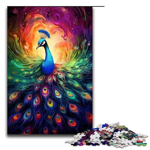 1000-teiliges Puzzle farbenfrohes psychedelisches Pfauen-Puzzle für Erwachsene Holzpuzzle anspruchsvolles Spiel 1000 Teile (75 x 50 cm) von mowenbingpeng