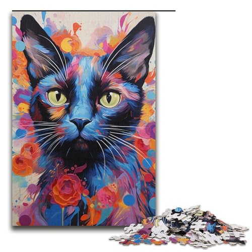 1000-teiliges Puzzle farbenfrohes psychedelisches Siamkatzen-Puzzle für Erwachsene Holzpuzzle anspruchsvolles Spiel 1000 Teile (38 x 26 cm) von mowenbingpeng