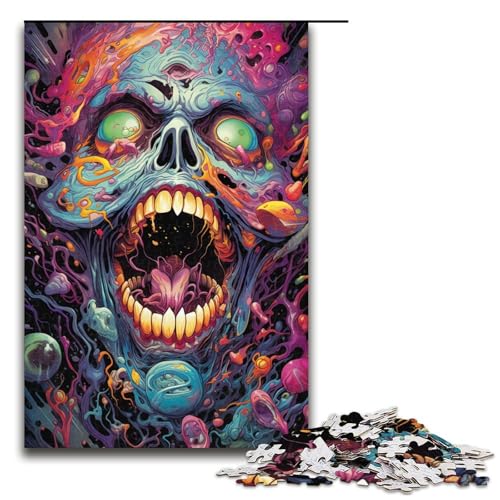 1000-teiliges Puzzle farbenfrohes psychedelisches Totenkopf-Kunst-Puzzle für Erwachsene Holzpuzzle anspruchsvolles Spiel 1000 Teile (75 x 50 cm) von mowenbingpeng