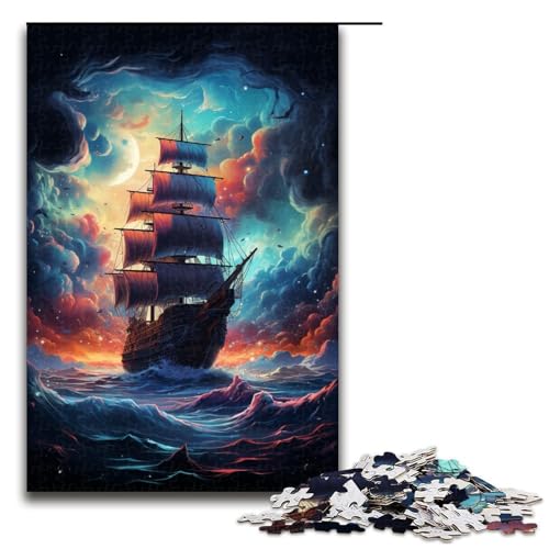 1000-teiliges Puzzle farbenfrohes psychedelisches Weltraum-Piratenschiff-Puzzle für Erwachsene Holzpuzzle anspruchsvolles Spiel 1000 Teile (75 x 50 cm) von mowenbingpeng