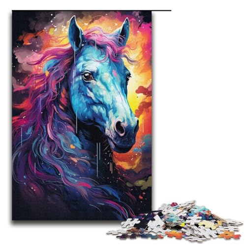 1000-teiliges Puzzle farbenfrohes psychedelisches Weltraumpferd-Abenteuer Puzzle für Erwachsene und Kinder Holzpuzzle pädagogisches Spielzeug zum Stressabbau Puzzle 1000 Teile (38 x 26 cm) von mowenbingpeng