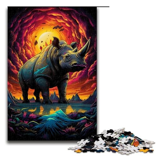 1000-teiliges Puzzle farbiges Nashorn Holzpuzzle Lernspiele Heimdekoration 1000 Teile (75 x 50 cm) von mowenbingpeng
