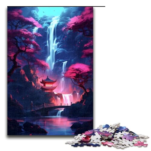 1000-teiliges Puzzle für Erwachsene, Sakura-Wasserfall-Tempel-Puzzle, praktisches Spiel, 1000 Teile von mowenbingpeng