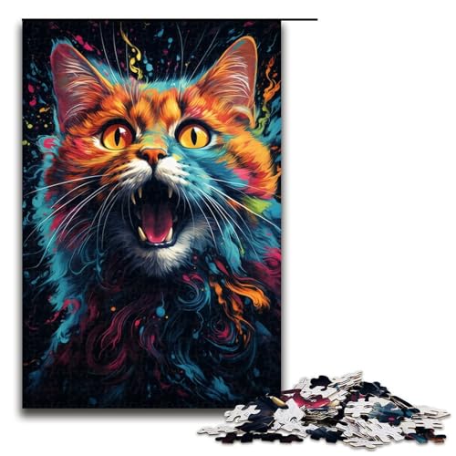 1000-teiliges Puzzle für Erwachsene Bunte Psychedelia mit Neonkatzen Puzzle für Kinder Holzpuzzle Lernspiel für Erwachsene 1000 Teile (75 x 50 cm) von mowenbingpeng