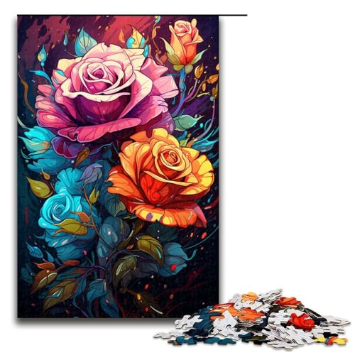 1000-teiliges Puzzle für Erwachsene Bunte Rosen Holzpuzzle Lernspiel für Erwachsene Herausforderungsspielzeug 1000 Teile (75 x 50 cm) von mowenbingpeng