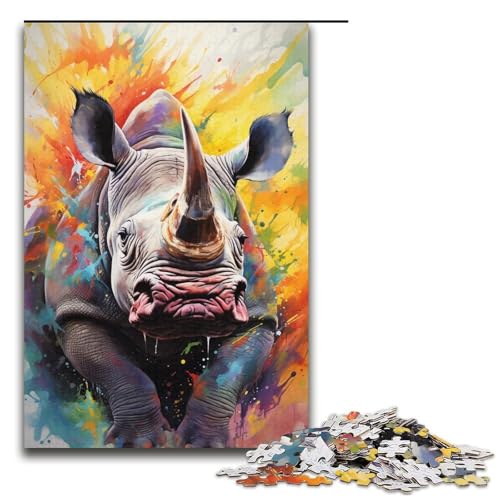 1000-teiliges Puzzle für Erwachsene Farbmalerei Nashorn Holzpuzzle Lernspiel für Erwachsene Herausforderungsspielzeug 1000 Teile (38 x 26 cm) von mowenbingpeng