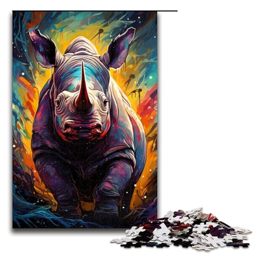 1000-teiliges Puzzle für Erwachsene Farbmalerei Nashorn-Puzzle für Erwachsene Holzpuzzle anspruchsvolles Spiel 1000 Teile (75 x 50 cm) von mowenbingpeng