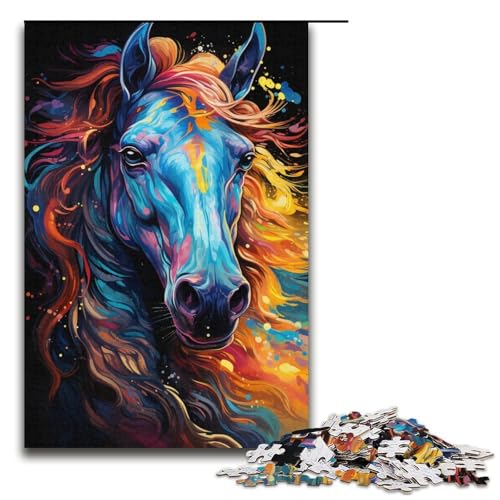 1000-teiliges Puzzle für Erwachsene Farbmalerei Pferd Holzpuzzle Lernspiel für Erwachsene Herausforderungsspielzeug 1000 Teile (38 x 26 cm) von mowenbingpeng