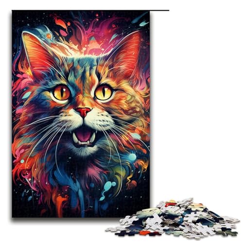 1000-teiliges Puzzle für Erwachsene Farbmalerei psychedelisches Katzen-Puzzle praktisches Spiel 1000 Teile (75 x 50 cm) von mowenbingpeng