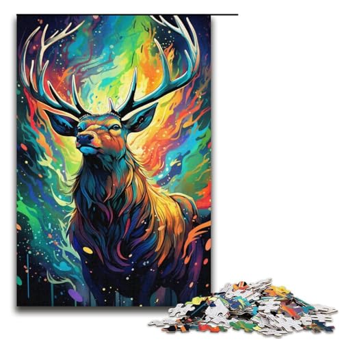 1000-teiliges Puzzle für Erwachsene Farbmalerei von Elch Holzpuzzle Lernspiel für Erwachsene Herausforderungsspielzeug 1000 Teile (38 x 26 cm) von mowenbingpeng