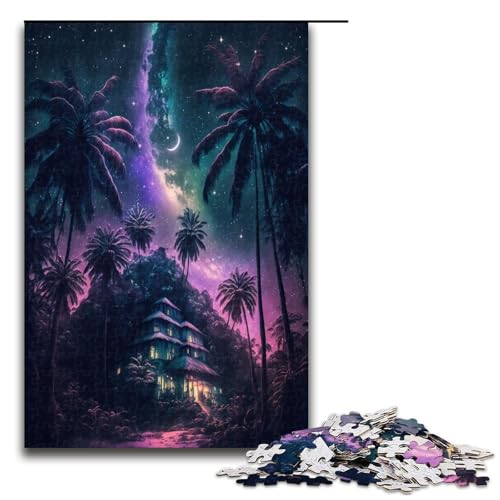 1000 teiliges Puzzle für Erwachsene Küstenhütte unter den Sternen Holzpuzzle Lernspiel für Erwachsene Herausforderungsspielzeug 1000 Teile (75 x 50 cm) von mowenbingpeng