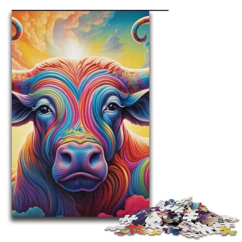 1000-teiliges Puzzle für Erwachsene Psychedelic Buffalo Puzzle für Kinder Papierpuzzle Lernspiel für Erwachsene 1000 Teile (38 x 26 cm) von mowenbingpeng