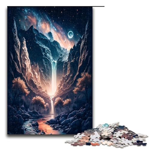 1000 teiliges Puzzle für Erwachsene Wasserfälle unter dem Mond Holzpuzzle Lernspiel für Erwachsene Herausforderungsspielzeug 1000 Teile (75 x 50 cm) von mowenbingpeng