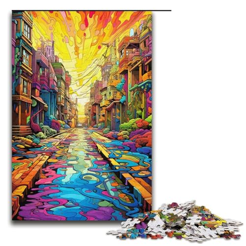 1000-teiliges Puzzle für Erwachsene farbenfrohe psychedelische gelbe Ziegelsteinstraßen-Puzzles Geburtstagsgeschenke für Teenager ab 14 Jahren 1000 Teile (38 x 26 cm) von mowenbingpeng