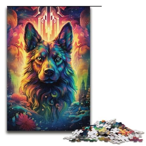1000-teiliges Puzzle für Erwachsene farbenfrohes psychedelisches Holzpuzzle mit deutschem Schäferhund Lernspiel für Erwachsene Herausforderungsspielzeug 1000 Teile (38 x 26 cm) von mowenbingpeng