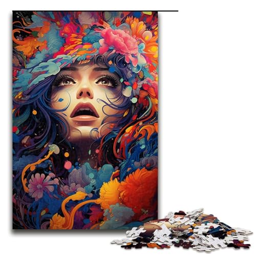 1000-teiliges Puzzle für Erwachsene farbenfrohes psychedelisches Mädchen-Puzzle für Erwachsene Holzpuzzle anspruchsvolles Spiel 1000 Teile (75 x 50 cm) von mowenbingpeng