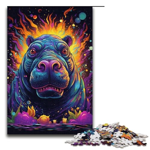 1000-teiliges Puzzle für Erwachsene farbenfrohes psychedelisches Nilpferd-Puzzle für Lernspiele Herausforderung Spielzeug Kunstwerk Geschenk 1000 Teile (38 x 26 cm) von mowenbingpeng