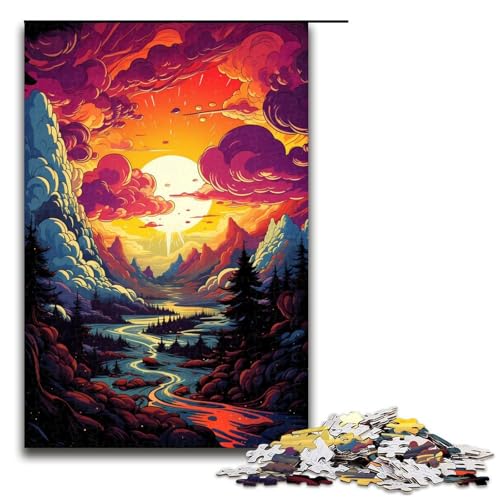 1000-teiliges Puzzle für Erwachsene farbenfrohes psychedelisches Sonnenuntergangs-Puzzle für Erwachsene Holzpuzzle anspruchsvolles Spiel 1000 Teile (75 x 50 cm) von mowenbingpeng