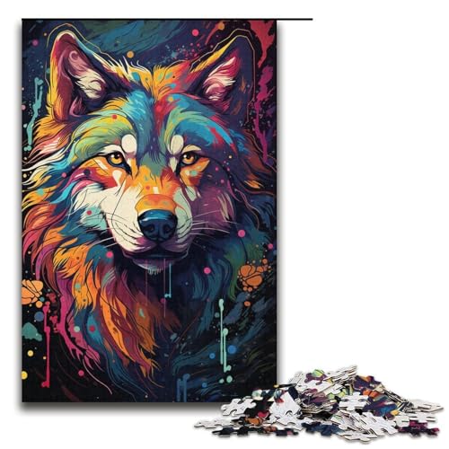 1000-teiliges Puzzle psychedelisches Farbgemälde Wolfspuzzle für Erwachsene Holzpuzzle anspruchsvolles Spiel 1000 Teile (38 x 26 cm) von mowenbingpeng