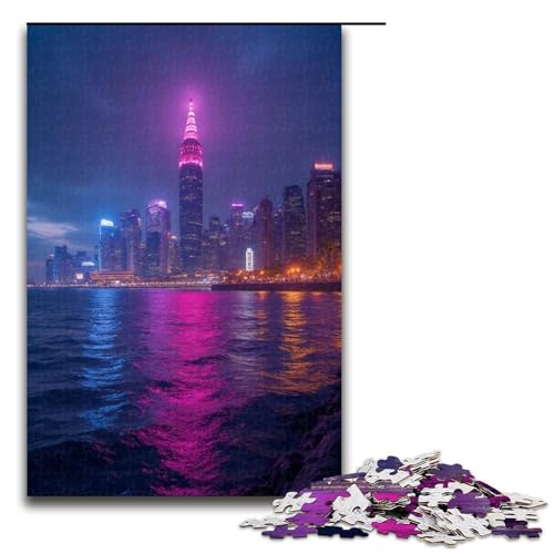 1000-teiliges Stadt-Neonlichter-Puzzle für Erwachsene Holzpuzzle Familienspiele 1000 Teile (75 x 50 cm) von mowenbingpeng