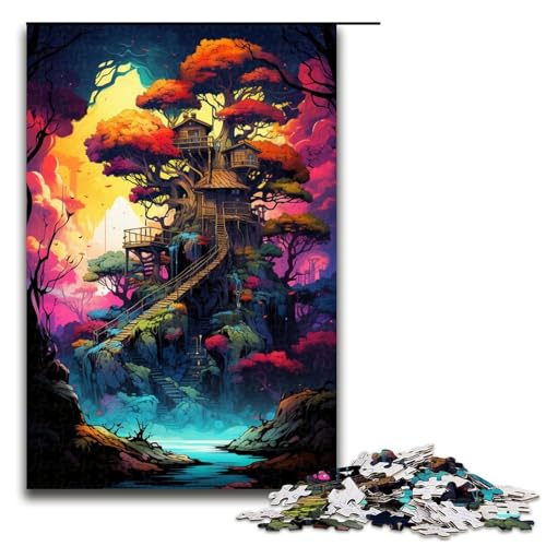 1000-teiliges buntes Baumhaus-Puzzle für Erwachsene Holzpuzzle Familienspiele 1000 Teile (75 x 50 cm) von mowenbingpeng